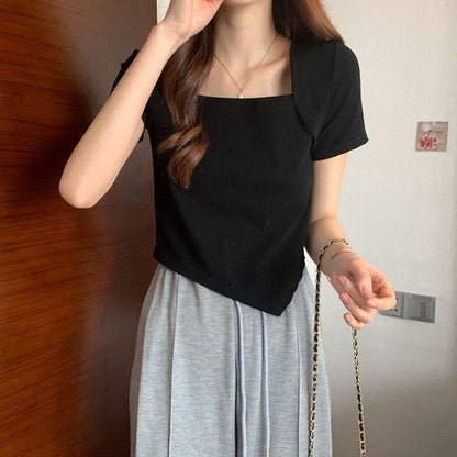 Short-Sleeve Square Neck Irregular Cropped T-Shirt