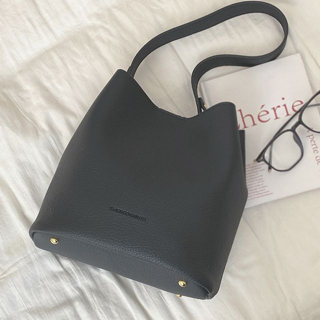 Faux Leather Plain Bucket Bag