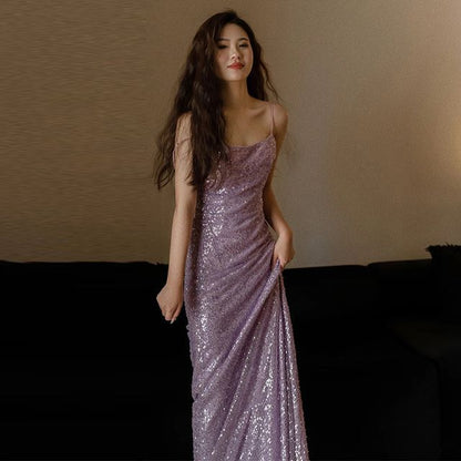 Spaghetti Strap Plain Sequin Sheath Evening Gown