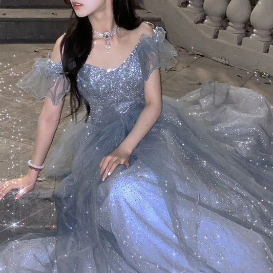 Gown Short-Sleeve Evening Mesh Shoulder Glitter Off A-Line Panel