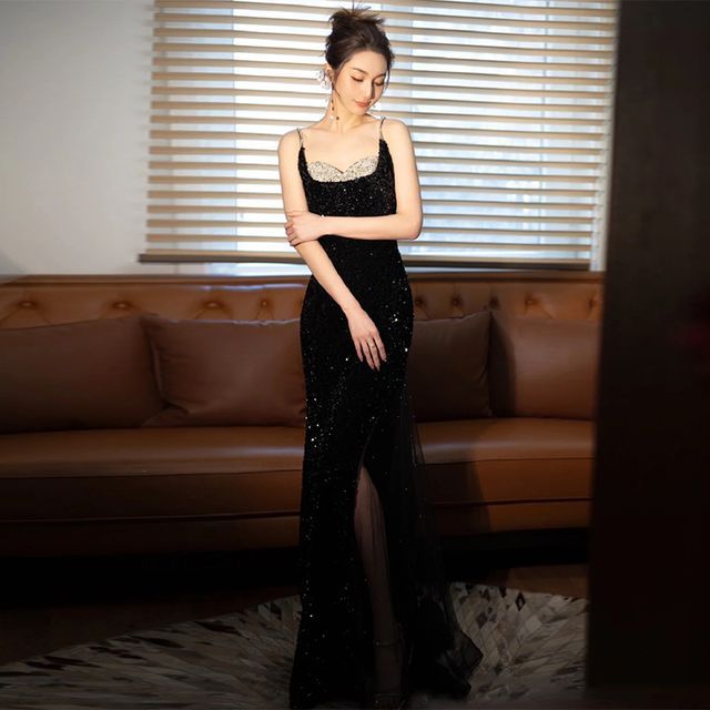 Two Evening Panel Strap Spaghetti Mesh Tone Sequin Gown Mermaid