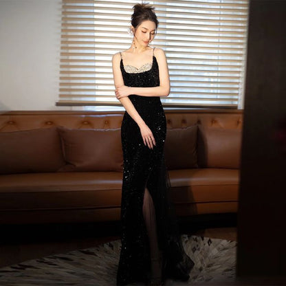 Two Evening Panel Strap Spaghetti Mesh Tone Sequin Gown Mermaid