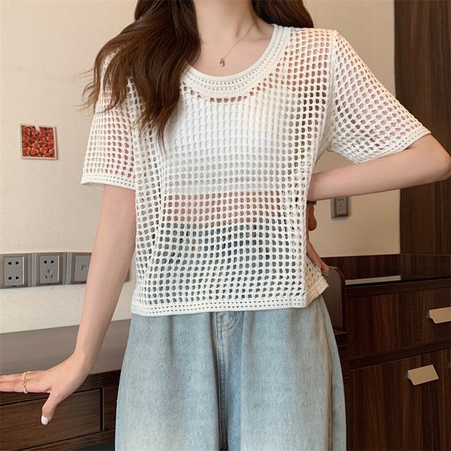 Perforated Short-Sleeve Knit Top