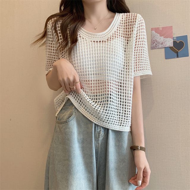 Perforated Short-Sleeve Knit Top