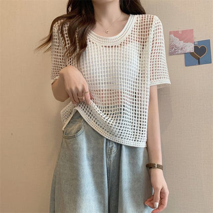 Perforated Short-Sleeve Knit Top
