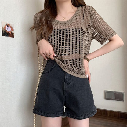 Perforated Short-Sleeve Knit Top