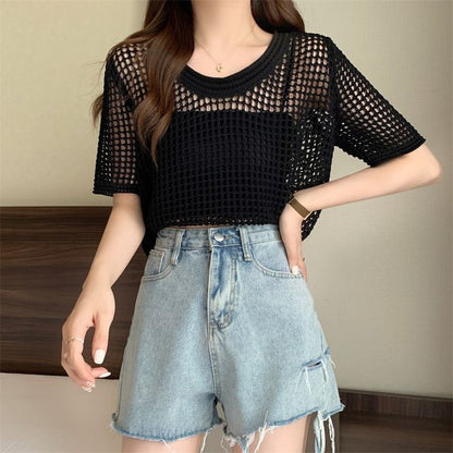 Perforated Short-Sleeve Knit Top