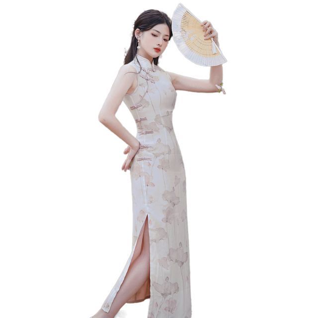 Sleeveless Floral Midi Qipao / Long Cardigan / Set