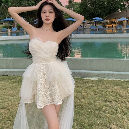 Strapless Plain Asymmetrical Mesh Panel Lace Mini A