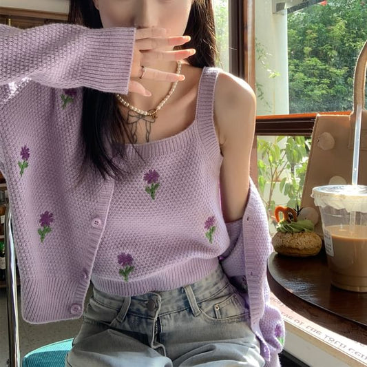 Embroidered + Floral Knit Top Tank Cardigan Neck Crop Set: Square