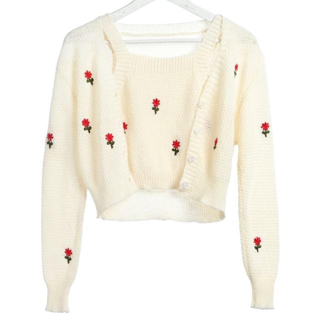 Embroidered + Floral Knit Top Tank Cardigan Neck Crop Set: Square
