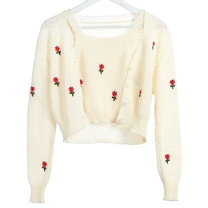 Embroidered + Floral Knit Top Tank Cardigan Neck Crop Set: Square