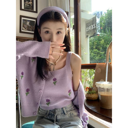 Embroidered + Floral Knit Top Tank Cardigan Neck Crop Set: Square