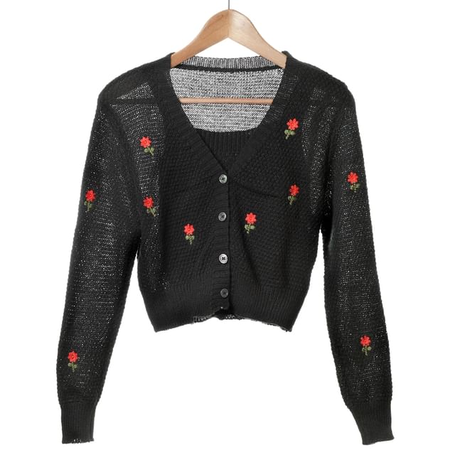 Embroidered + Floral Knit Top Tank Cardigan Neck Crop Set: Square