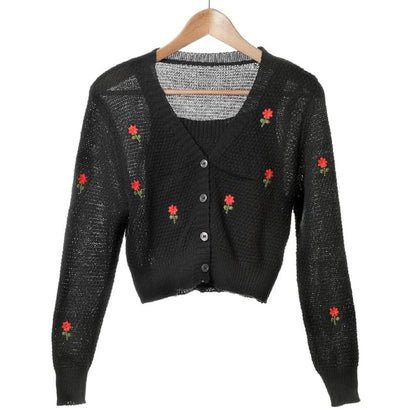 Embroidered + Floral Knit Top Tank Cardigan Neck Crop Set: Square