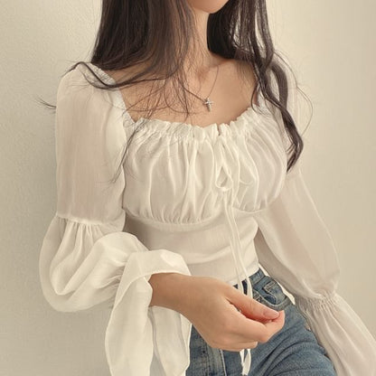 Cinched Sleeve Square Neck Plain Ruched Tie Front Blouse