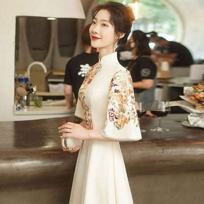 Elbow-Sleeve Mandarin Collar Floral Embroidered A-Line Evening Dress