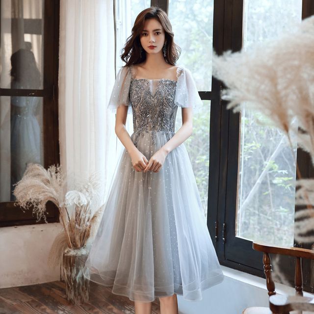 Cap-Sleeve Sequin Mesh Panel A-Line Evening Gown / Midi Dress