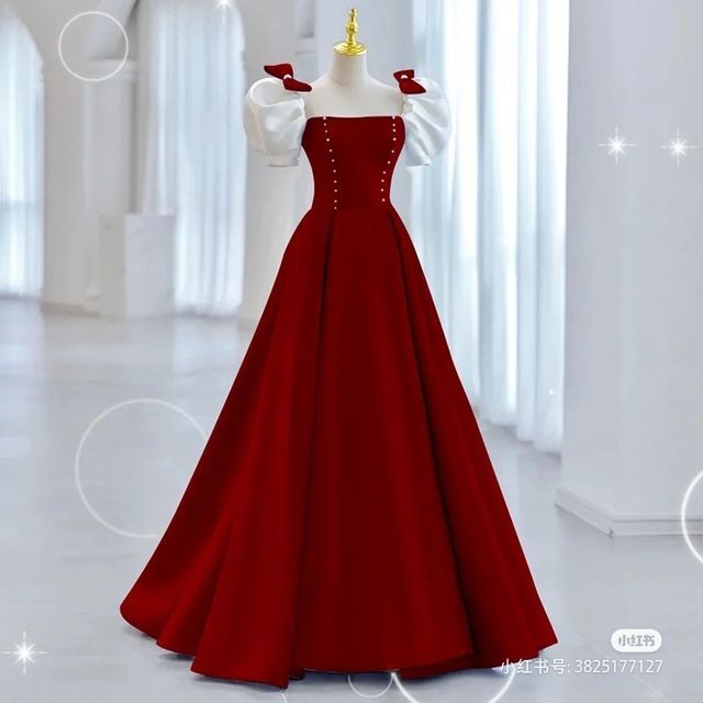 Puff-Sleeve Two Tone Bow A-Line Evening Gown