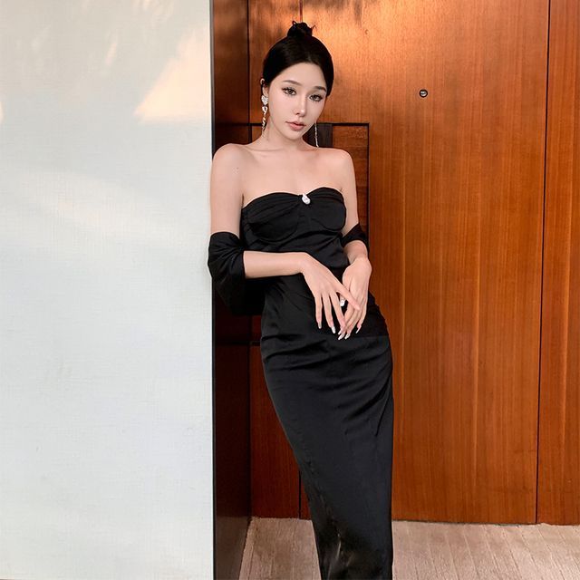 Bodycon Strapless Shirred Plain Evening Gown