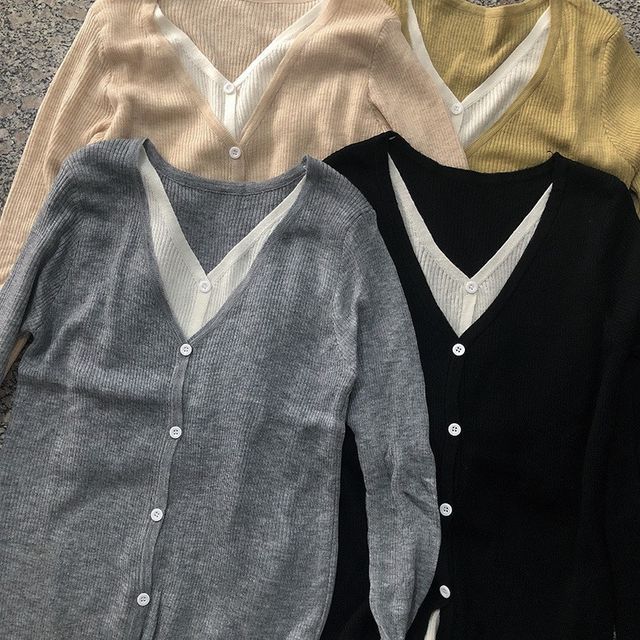 Knit Button-Up V-Neck Mock Top Two-Piece Long-Sleeve Two Tone