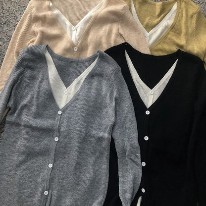 Knit Button-Up V-Neck Mock Top Two-Piece Long-Sleeve Two Tone