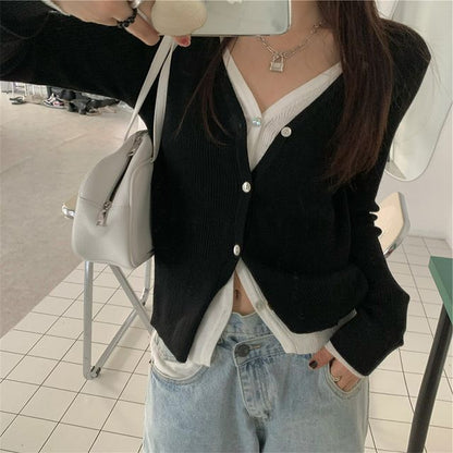 Knit Button-Up V-Neck Mock Top Two-Piece Long-Sleeve Two Tone