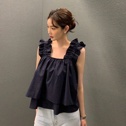 Ruffle Trim Plain Flowy Cami Top