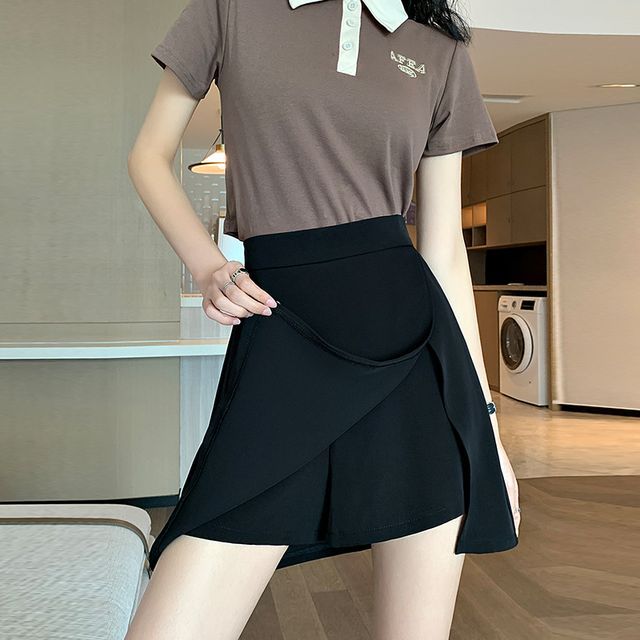 High Waist Plain Slit Mini A-Line Skort