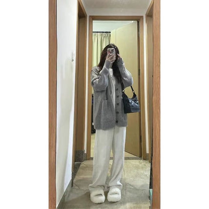 Plain Ribbed Cardigan / High Waist Wide Leg Pants