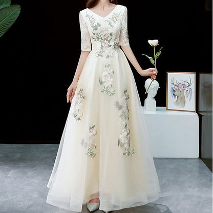V-Neck A-Line Gown Evening Short-Sleeve Floral Embroidered