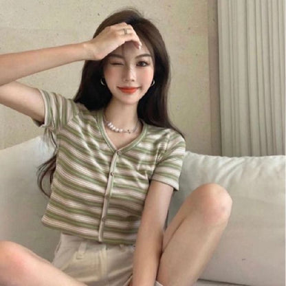 Short-Sleeve V-Neck Striped Button-Up Crop Tee