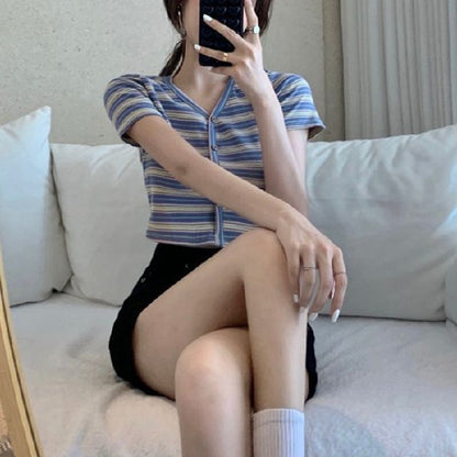 Short-Sleeve V-Neck Striped Button-Up Crop Tee