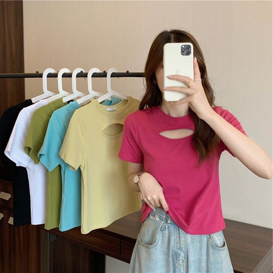Short-Sleeve Crew Neck Cut Out Plain T-Shirt