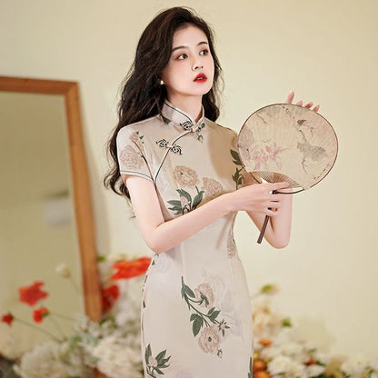 Short-Sleeve Floral Mini Qipao
