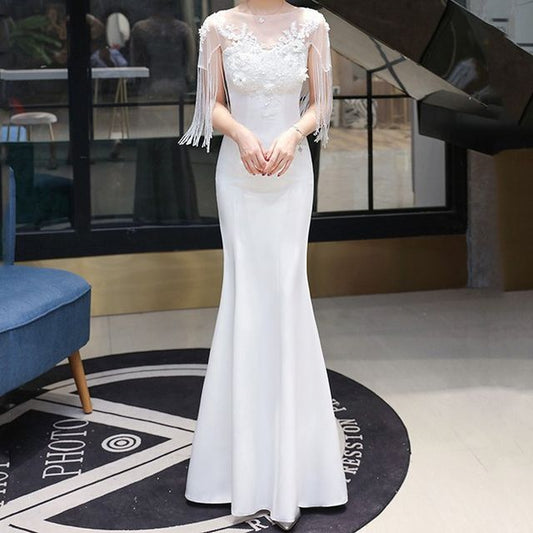 Flower Evening Panel Neck Embroidered Fringe Mesh Boat Short-Sleeve Gown Beaded Plain Mermaid