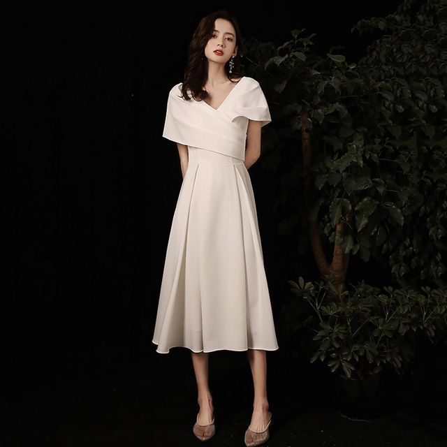 Short-Sleeve V-Neck Plain Ruched A-Line Cocktail Dress (Various Designs)