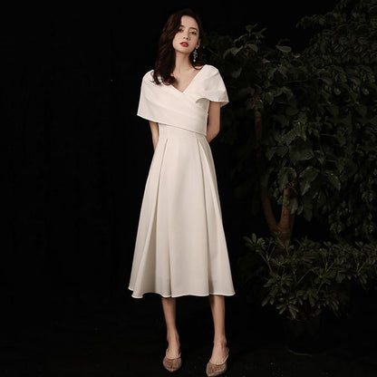 Short-Sleeve V-Neck Plain Ruched A-Line Cocktail Dress (Various Designs)