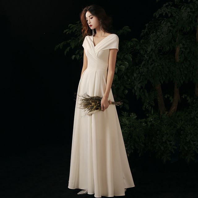 Short-Sleeve V-Neck Plain Ruched A-Line Cocktail Dress (Various Designs)