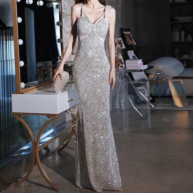 Strap V-Neck Gown Evening Mermaid Sequin Pearl Beaded Spaghetti Faux Plain