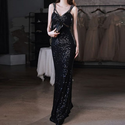 Strap V-Neck Gown Evening Mermaid Sequin Pearl Beaded Spaghetti Faux Plain