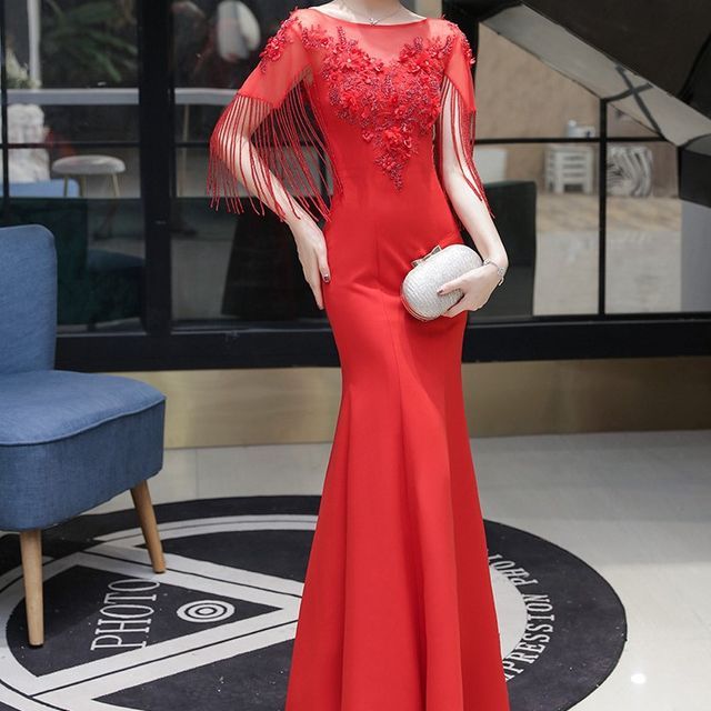 Flower Evening Panel Neck Embroidered Fringe Mesh Boat Short-Sleeve Gown Beaded Plain Mermaid