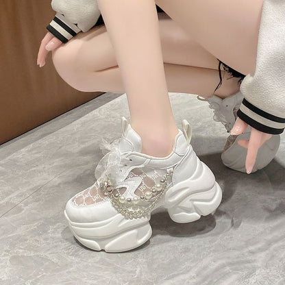 Pattered Faux Pearl Lace Panel Platform Lace-Up Sneakers