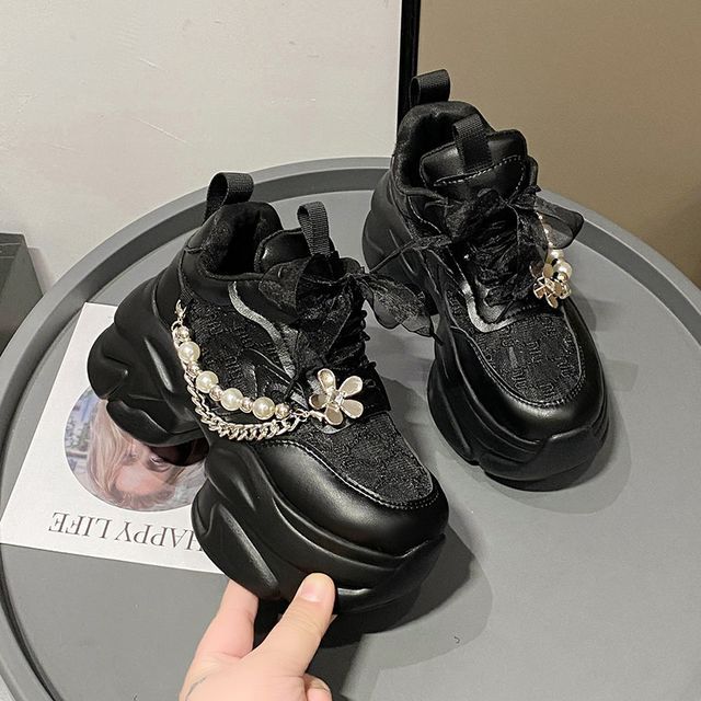 Pattered Faux Pearl Lace Panel Platform Lace-Up Sneakers