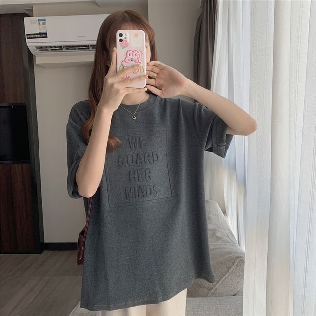 Elbow-Sleeve Crew Neck Plain Lettering Embossed Oversized Tee