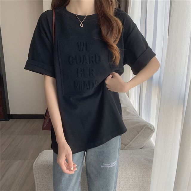 Elbow-Sleeve Crew Neck Plain Lettering Embossed Oversized Tee