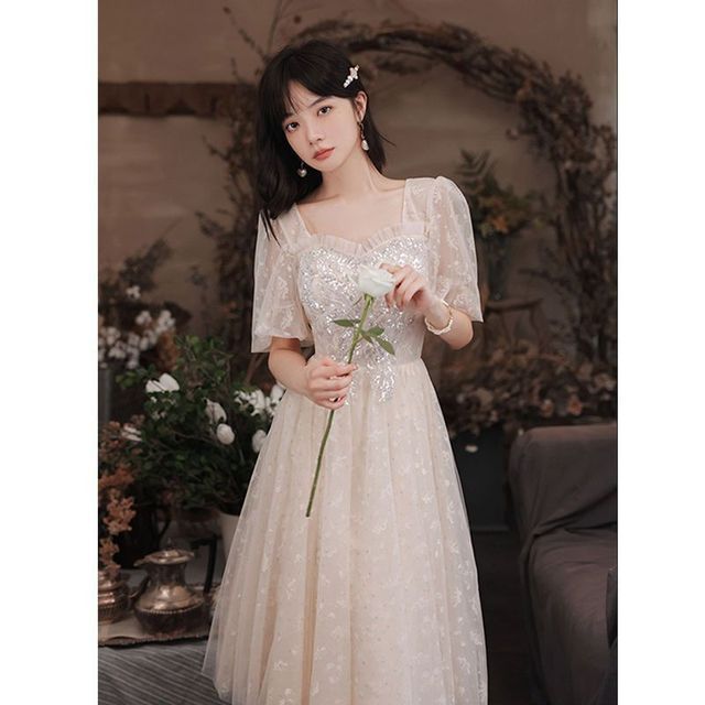 Puff-Sleeve Square-Neck Sequined A-Line Cocktail Dress