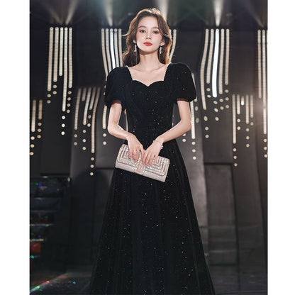 Puff-Sleeve Sweetheart-Neckline Faux Pear Trim Glitter A-Line Evening Gown