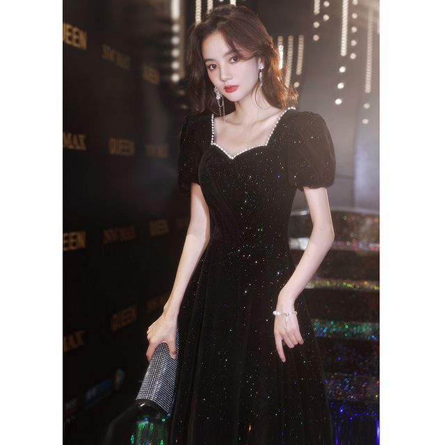 Puff-Sleeve Sweetheart-Neckline Faux Pear Trim Glitter A-Line Evening Gown