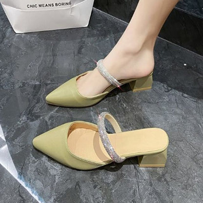 Rhinestone Chunky Heel Slide Sandals